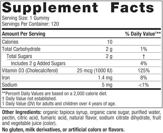 Nordic Naturals Vitamin D3 Gummies, Wild Berry - 120 Gummies - 1000 IU Vitamin D3, 1.4 mg Iron - Great Taste - Healthy Bones, Mood & Immune System Function - Non-GMO - 120 Servings