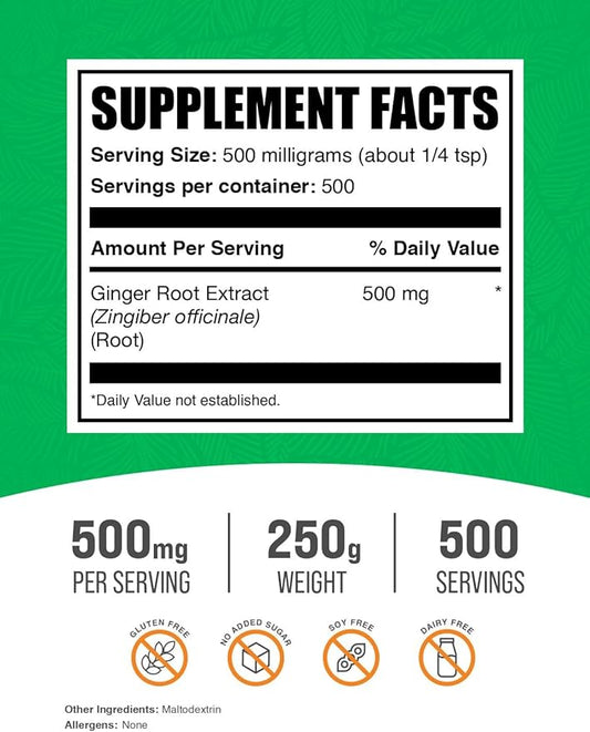 BulkSupplements.com Ginger Root Extract Powder - Ginger Supplement, Ginger Root Powder - Herbal Supplement, Gluten Free, 500mg per Serving, 250g (8.8 oz) (Pack of 1)