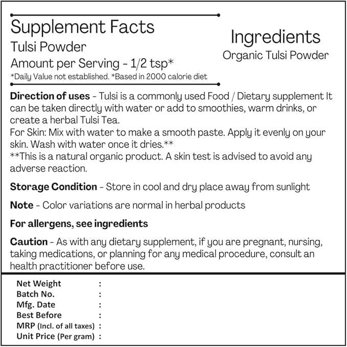 Just Jaivik 100% Organic Tulsi Powder 0.5 LB 227 g 1/2 Pound-