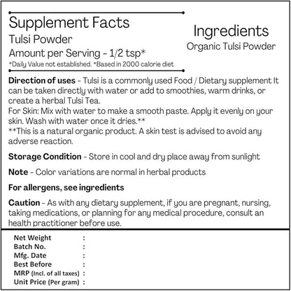 Just Jaivik 100% Organic Tulsi Powder 0.5 LB 227 g 1/2 Pound-