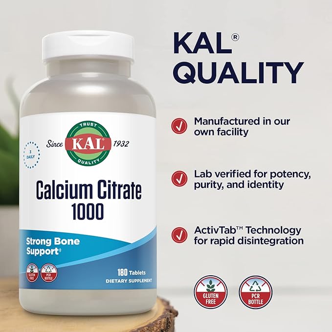 KAL Calcium Citrate 1000mg, Calcium Supplements 60 Servings, 180 Tablets