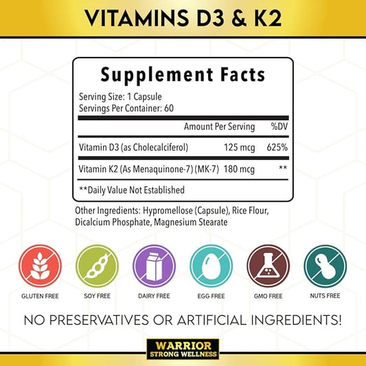 Vitamin D3 and K2 Supplement 5000IU Vitamin D3 and 180MCG Vitamin K2 Supplement 2 Month-Supply, 60 Veggie