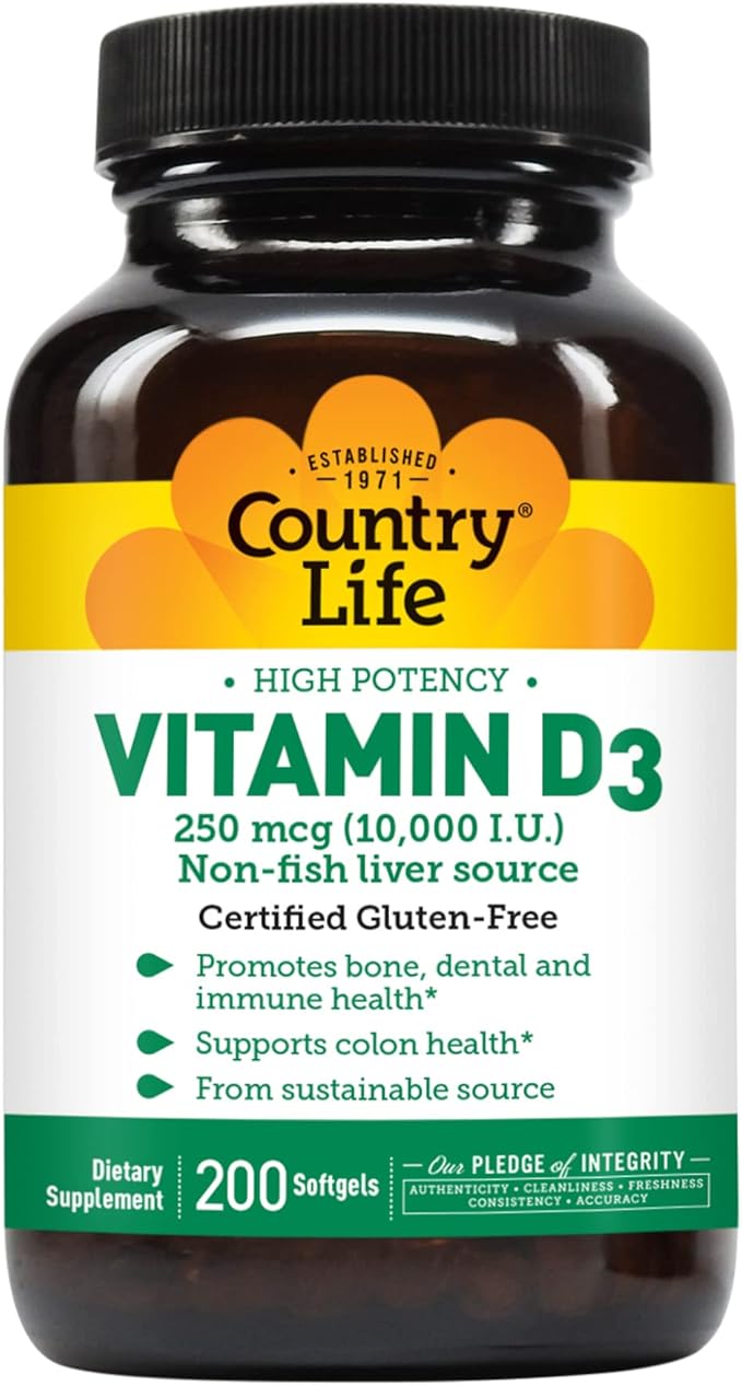 Country Life Vitamin D3, High Potency, Non-Fish, 10,000 IU, 200 Softgels, Certified Gluten Free