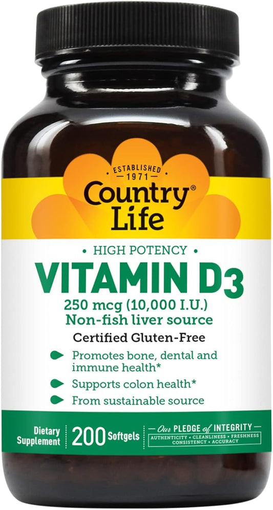 Country Life Vitamin D3, High Potency, Non-Fish, 10,000 IU, 200 Softgels, Certified Gluten Free