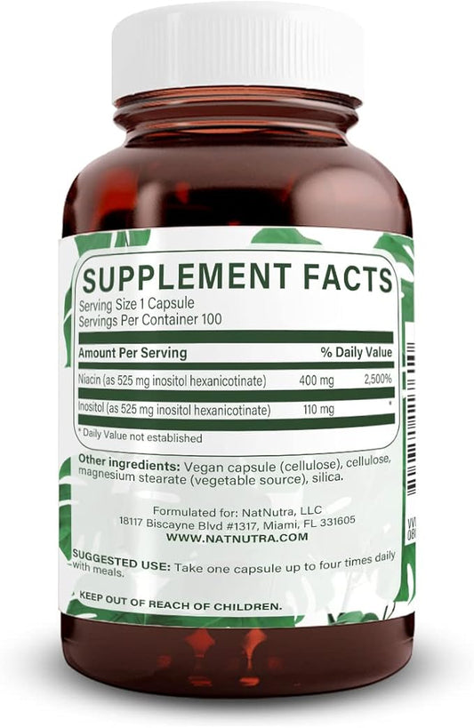 Natural Nutra No Flush Niacin, Vitamin B3 Supplement, Helps Heart Health, Promotes Skin Texture, Helps Boost Energy Level 525 mg, 100 Capsules