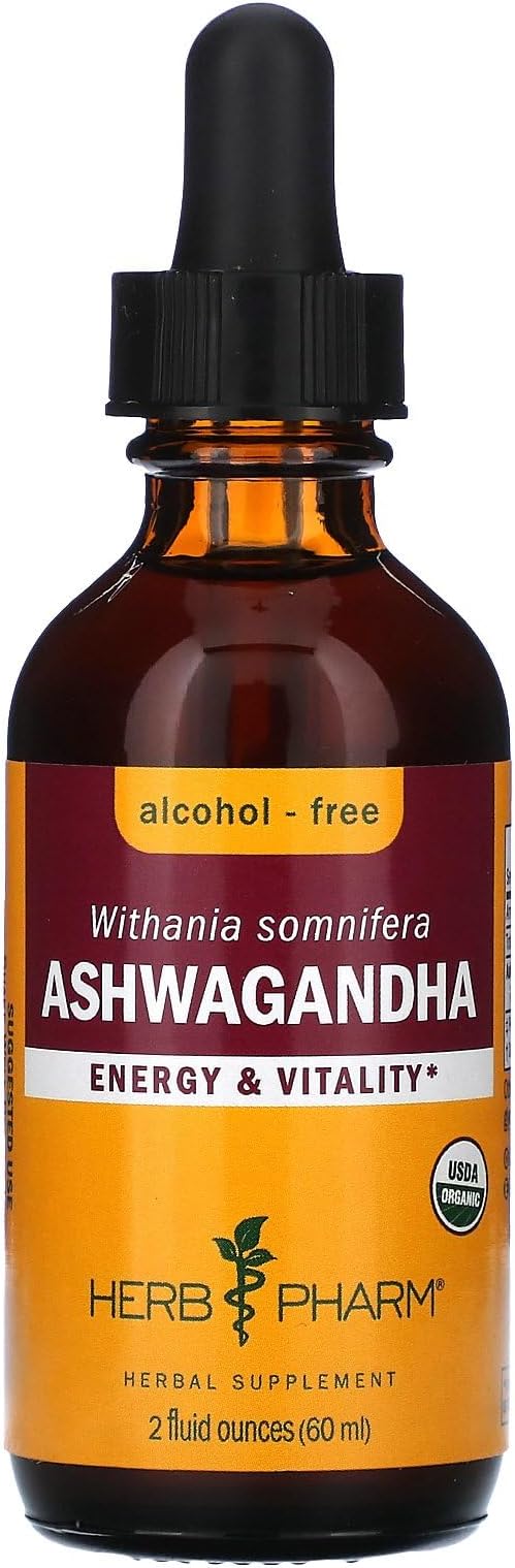 Herb Pharm Certified Organic Ashwagandha Extract Drops for Traditional Support for Energy and Vitality, Alcohol-Free Glycerite, 2 Oz