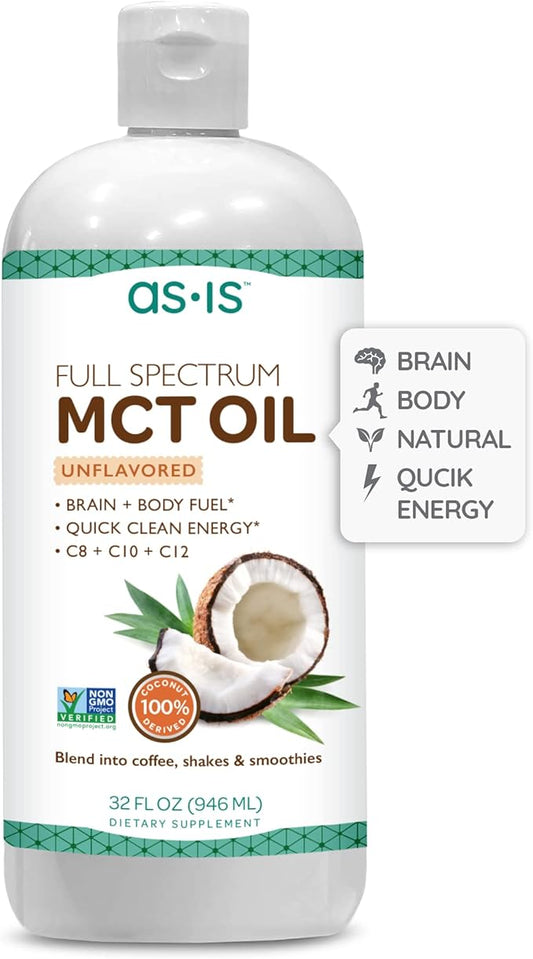 AS-IS Simply Full Spectrum MCT Oil C8, C10 & C12 | Unflavored | 100% from Non-GMO Coconuts | Perfect for Morning Coffee | Quick Clean Energy | 32 fl oz (63 Servings)