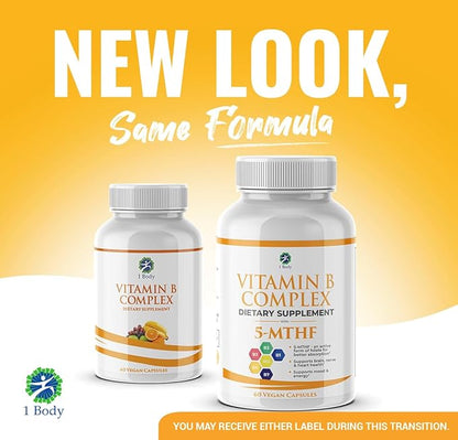 1 Body Vitamin B Complex Twin 5-MTHF Folate B1, B2, B2, B5, B5, B6, B6, Methyl B12, Niacin, 60 capsules