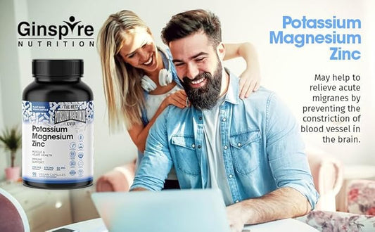 Magnesium Potassium Supplements w/Zinc - 90 Capsules - Magnesium Potassium Zinc for Vascular Health – High Absorption Vegan Potassium Magnesium Supplement for Leg Cramps & Sleep