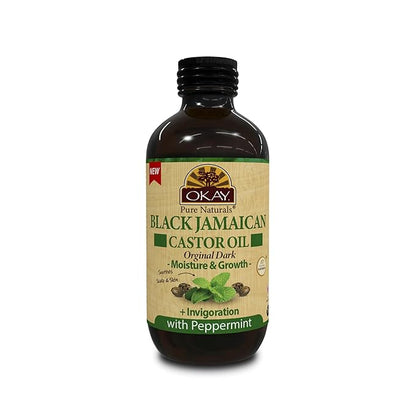 Okay Pure Naturals Black Jamaican Castor Oil - Castor Oil for Hair Growth, Moisture for Skin, Face, Scalp, Eyelashes, Eyebrows - Hair Oil for Men & Women - Peppermint, 4 oz Glass Bottle