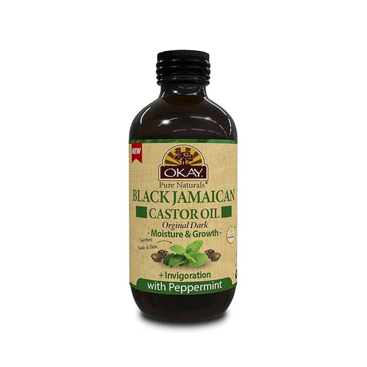 Okay Pure Naturals Black Jamaican Castor Oil - Castor Oil for Hair Growth, Moisture for Skin, Face, Scalp, Eyelashes, Eyebrows - Hair Oil for Men & Women - Peppermint, 4 oz Glass Bottle