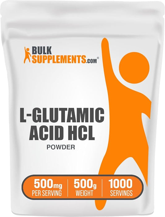BulkSupplements.com L-Glutamic Acid HCl Powder - Amino Acid Supplement, Glutamate Supplement - for Gut Health, Glulten Free, 500mg per Serving, 500g (1.1 lbs) (Pack of 1)