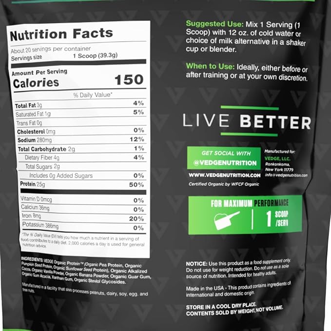 vedge Certified Organic Plant Protein Chocolate (20 Servings)