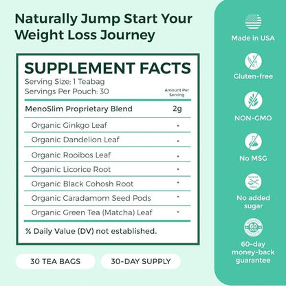 VoomVaya MenoSlim Tea - Hormone Balance Tea, Perimenopause & Estrogen Supplement for Women - for Bloating, Hot Flashes, Night Sweats & Meno-Belly - Lemon Lime Flavor - 30 Teabags