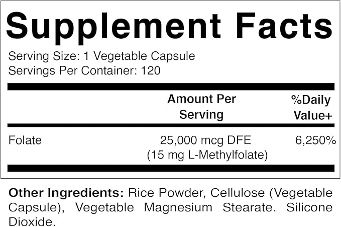 Vitamatic Methyl Folate 15mg - 120 Vegetable Capsules - Optimized and Activated High Potency - Metabolically Active Folate