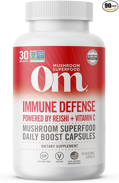 Om Mushroom Superfood Immune Defense Mushroom Capsules Superfood Supplement, 90 Count, 30 Days, Mushroom Blend, Reishi, Turkey Tail, Maitake, Agaricus Blazei, Vitamin C, Vegan