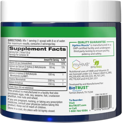 BioTrust Ageless Muscle Builder - Creatine HMB Powder with Vitamin D3 & Betaine - Build & Preserve Naturally Declining Muscle Mass & Strength - Unflavored, 30 Servings