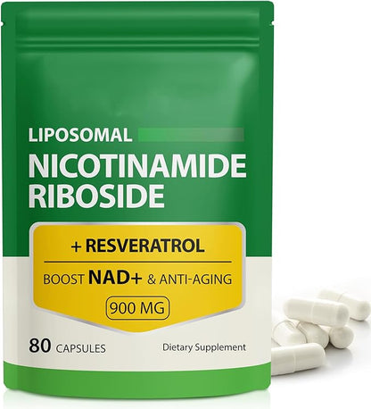 NAD Supplement, 900mg - Liposomal Nicotinamide Riboside NAD+ Supplement with Resveratrol Supports Muscle, Brain, Cellular Energy - NMN Supplement Alternative for Men and Women, 80 Capsules (Pack of 1)