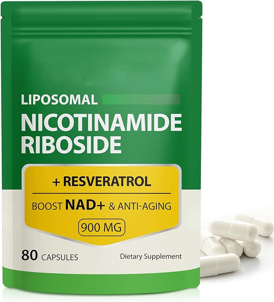 NAD Supplement, 900mg - Liposomal Nicotinamide Riboside NAD+ Supplement with Resveratrol Supports Muscle, Brain, Cellular Energy - NMN Supplement Alternative for Men and Women, 80 Capsules (Pack of 1)