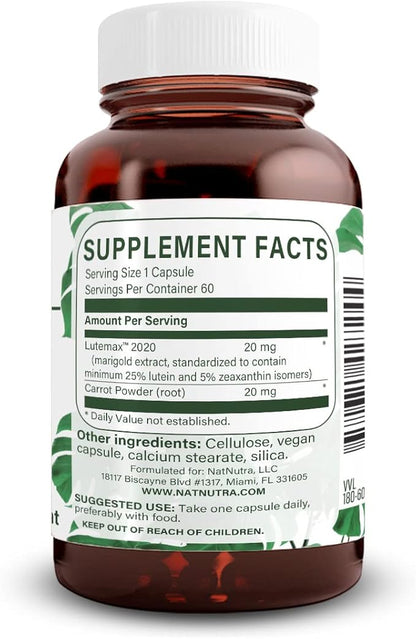 Natural Nutra Lutein and Zeaxanthin Supplement, 20mg - 60 Capsules
