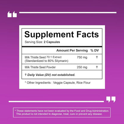 Organic Milk Thistle Supplement 70:1 Extract, 80% Silymarin, 60 Vegan
