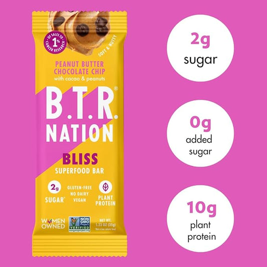 Vegan Keto Superfood Protein Bars, by B.T.R. - Low Carb, Plant Based, Gluten Free |12 Bars| Free of Sugar Alcohols & Boosted with Powerful Superfoods! (Peanut Butter Chocolate Chip BLISS)