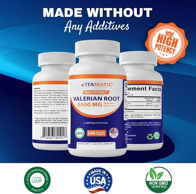 Vitamatic Valerian Root 5000 mg Equivalent 240 Capsules 20X Concentrated 20:1 250mg 250mg -