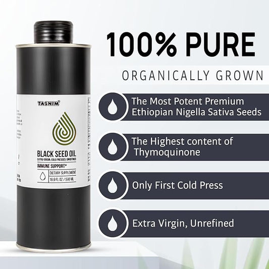 100% Ethiopian BlackSeed Oil 16.9 Fl Oz - Cold Pressed Black Seed Oil for Immune Support, High Potency 5.7% - 21% Thymoquinone Skin, Hair & Overll Health - Unrefined Black Cumin Seed Oil - Gluten Free