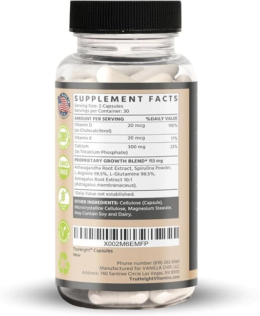 TruHeight Growth Capsules - Natural Growth & Development Supplement for Kids & Teens - Endorsed by Pediatricians - Vitamin D, K, Calcium & Ashwaganda - Bone Strength Capsules - Kids Vitamins - Ages 5+