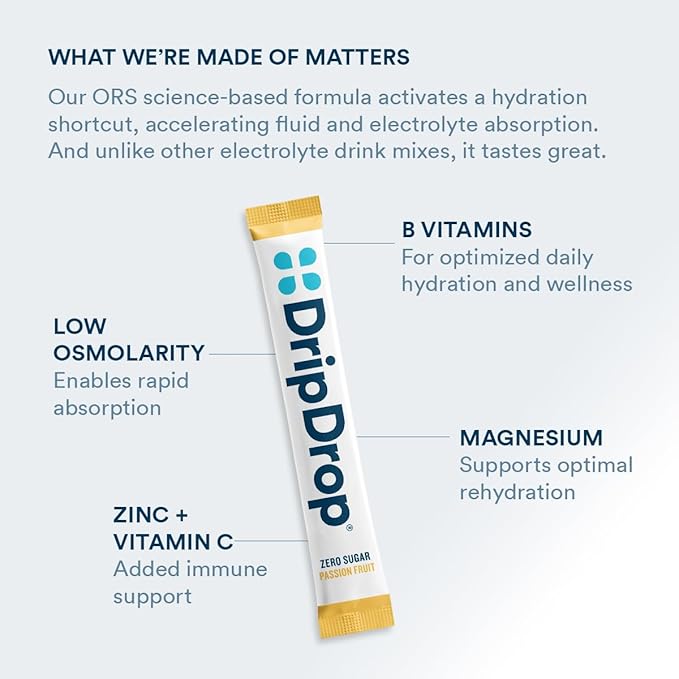 DripDrop Hydration - Zero Sugar Passion Fruit - Electrolyte Drink Mix Single Serve Powder Packets | Non-GMO, Gluten Free, Vegan | 32 Sticks