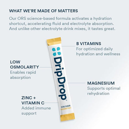 DripDrop Hydration - Zero Sugar Passion Fruit - Electrolyte Drink Mix Single Serve Powder Packets | Non-GMO, Gluten Free, Vegan | 32 Sticks
