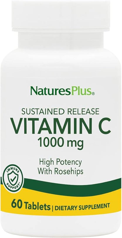 Natures Plus Vitamin C with Rose HIPS, Sustained Release - 1000 mg Ascorbic Acid, 60 Vegetarian Tablets -Gluten-Free - 60 Servings