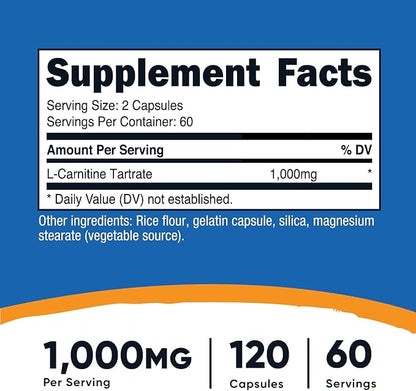 Nutricost L-Carnitine Tartrate 1000mg, 120 Capsules - 500mg Per Capsule (60 Servings)