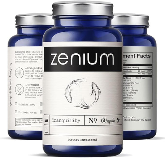 Zenium - Relieve Stress, Tension, Worry, Nervousness, & Irritability | Calm The Mind & Body | Ayurvedic | Natural Relief Supplement | Boosts Mood | Ashwagandha, L-Theanine, GABA, Rhodiola |60 Capsules