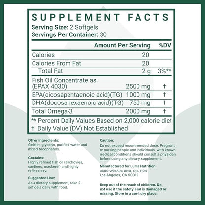 Luma Nutrition Omega 3 Fish Oil Supplement 2500mg - 2000mg EPA 60 Softgels