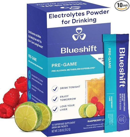 Blueshift Pre-Game - Pre Drinking NAC Supplement, Electrolytes Powder Packets, Hydration Packets, Pre Alcohol Liver Support with Ginger, Cysteine, Milk Thistle, No Sugar Powder Sticks (10 Pack)
