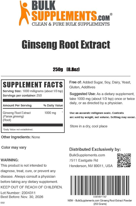 BulkSupplements.com Ginseng Root Extract Powder 1000mg per 250g (8.8 (8.8 oz) 1)