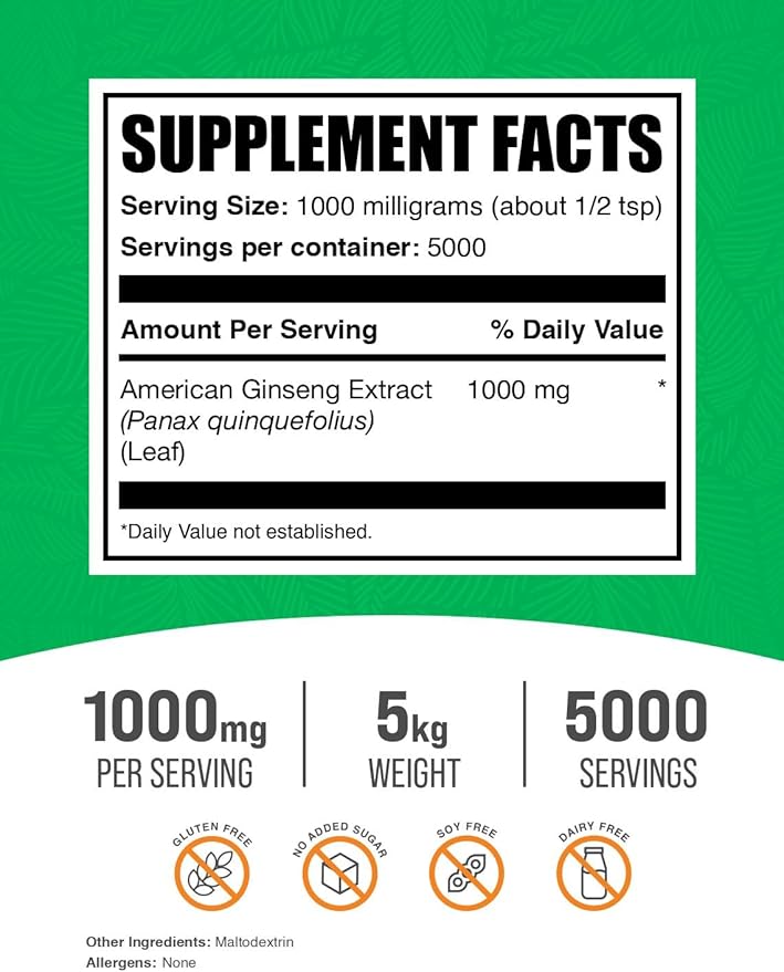 BulkSupplements.com American Ginseng Extract Powder - Ginseng Supplement, American Ginseng Powder, Ginseng Herbal Supplements - Gluten Free, 1000mg per Serving, 5kg (11 lbs) (Pack of 5)