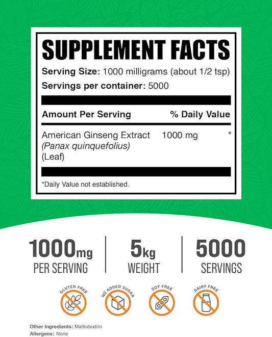 BulkSupplements.com American Ginseng Extract Powder - Ginseng Supplement, American Ginseng Powder, Ginseng Herbal Supplements - Gluten Free, 1000mg per Serving, 5kg (11 lbs) (Pack of 5)