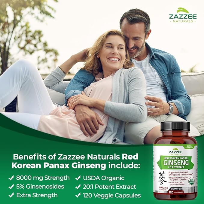Zazzee USDA Organic Red Korean Panax 20:1 Extract, 8000 mg 5% Ginsenosides, 120 Vegan 20X Root 100% Vegetarian,