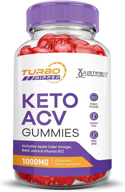 Justified Laboratories Turbo Ripped Keto ACV Gummies Advanced Formula 1000MG Turbo Ripped Keto Gummies Apple Cider Vinegar Formulated with Pomegranate Beet Juice Powder B12 Vegan Non GMO 60 Gummys