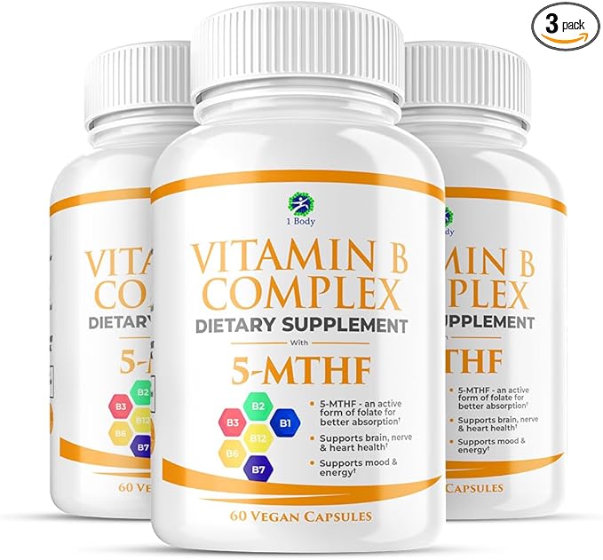 1 Body Vitamin B Complex 3 5-MTHF Folate B1, B2, B2, B5, B5, B6, B6, Methyl B12, Niacin,