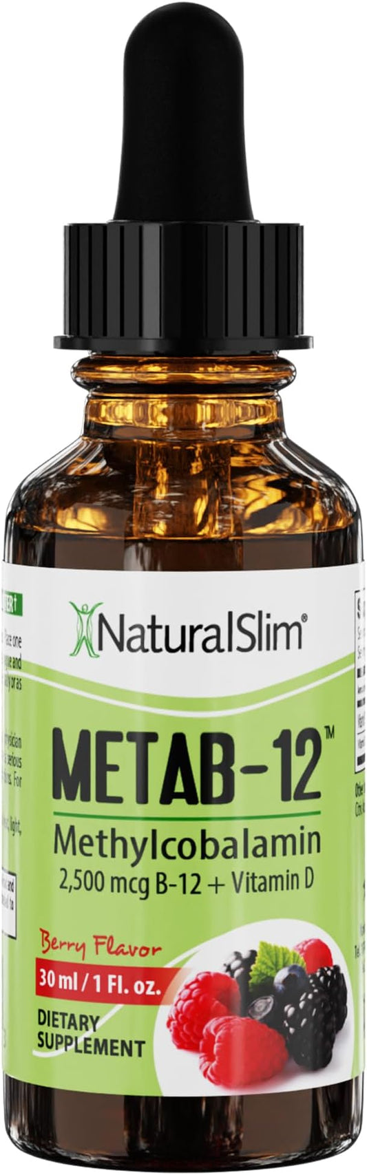 NaturalSlim Metab-12 - Liquid Vitamin B12 Sublingual Supplement 2500 mcg with Vitamin D3 Oral Drops - Methylcobalamin B12 for Metabolism & Energy Booster - Berry Flavor Gluten Free - 1 fl oz