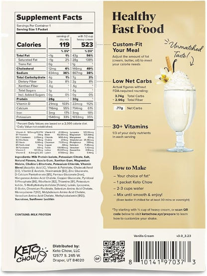 Keto Chow Vanilla Cream - Keto Meal Replacement Shake Powder - Nutritionally Complete - Low Carb - Delicious Easy Meal Substitute - Protein Rich & Dairy Free - Single Meal Serving