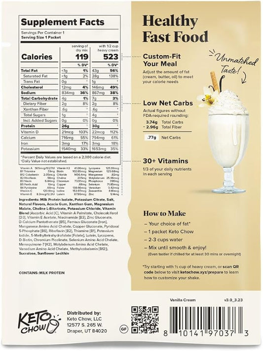 Keto Chow Vanilla Cream - Keto Meal Replacement Shake Powder - Nutritionally Complete - Low Carb - Delicious Easy Meal Substitute - Protein Rich & Dairy Free - Single Meal Serving
