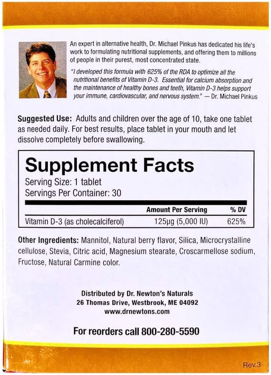 Dr. Newton's Naturals Vitamin D3 Fast-Melting Tablets - 5000 IU (125 mcg) Helps Maintain Healthy Bones and Immune Support - 30 Tablets - Ultimate Absorption – High Potency-Manufactured in USA