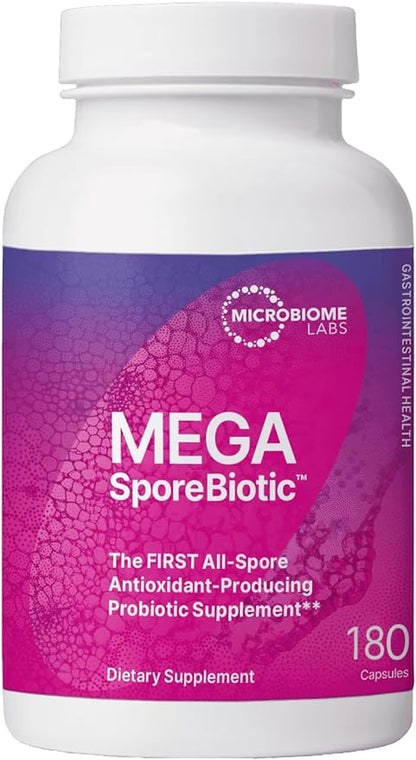 Microbiome Labs MegaSporeBiotic Probiotics for Women & Men - Spore Based Probiotic Nutritional Supplements for Digestive & Gut Health Support - Shelf Stable & Travel-Friendly (180 Capsules)