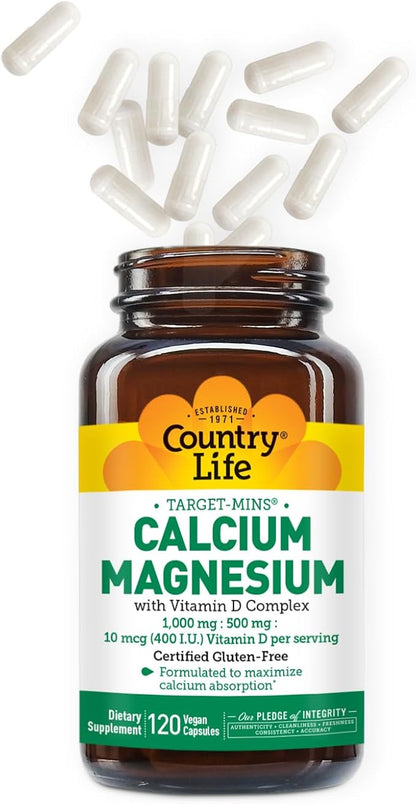 Country Life Target-Mins Calcium Magnesium with Vitamin D-Complex, 1000mg/500mg/10mcg, 120 Vegan Capsules, Certified Gluten Free, Certified Vegan, Verified Non-GMO Verified