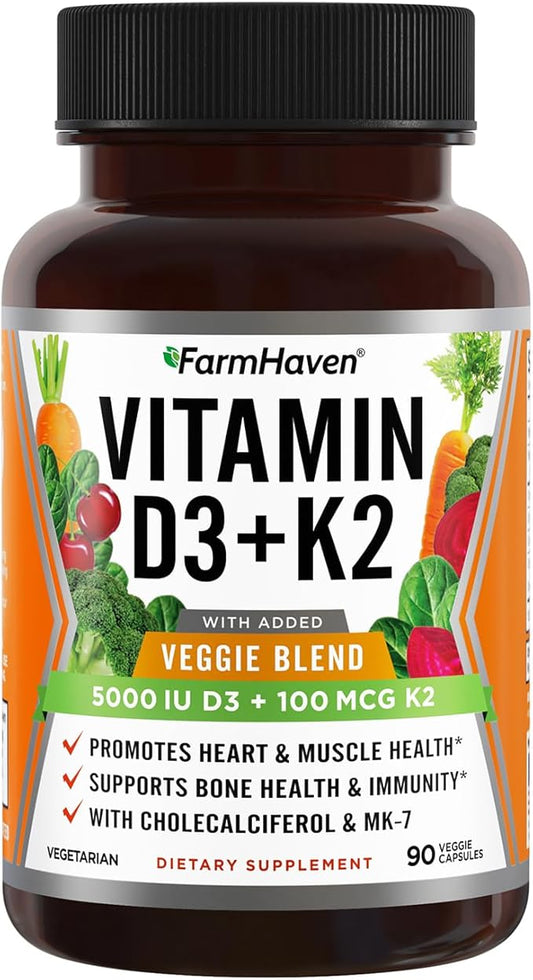 FarmHaven Vitamin D3 K2 Capsules - 5000 IU D3 and 100 mcg K2 - Cholecalciferol MK7 with Veggie Fruit Blend - Vitamin D K2 Supplement for Immune System & Heart Health - Vegetarian, Non-GMO, 90 Caps