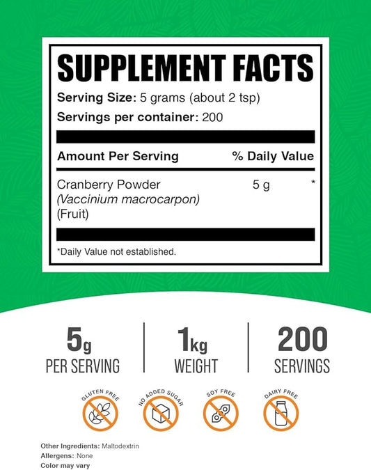 BulkSupplements.com Cranberry Powder - Cranberry Supplements for Women & Men, Dried Cranberries Unsweetened - Gluten Free & Sugar Free, 5g per Serving, 1kg (2.2 lbs) (Pack of 1)